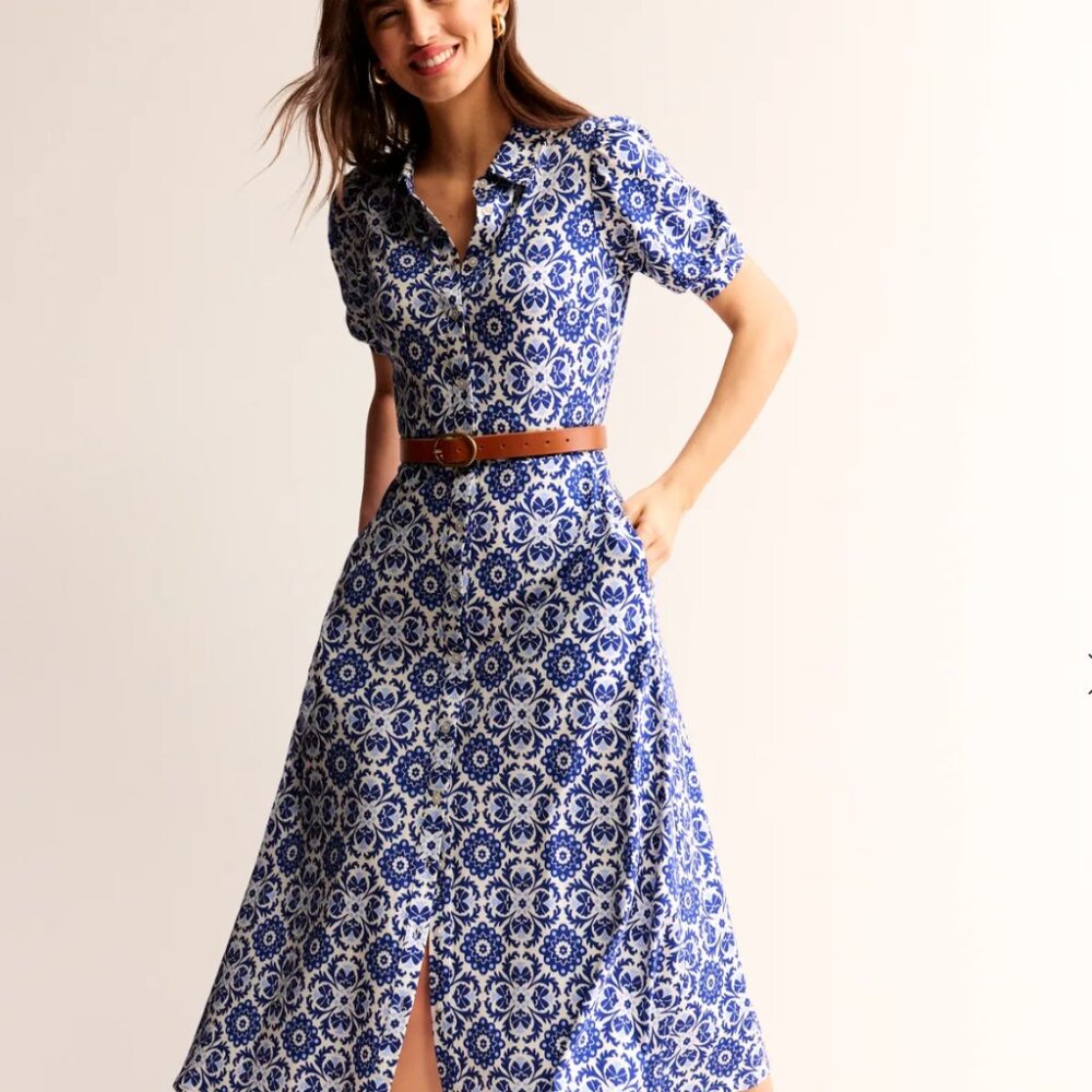 Boden NWT Blue White Geometric Short Sleeve Summer Dress w/ Pockets 8R